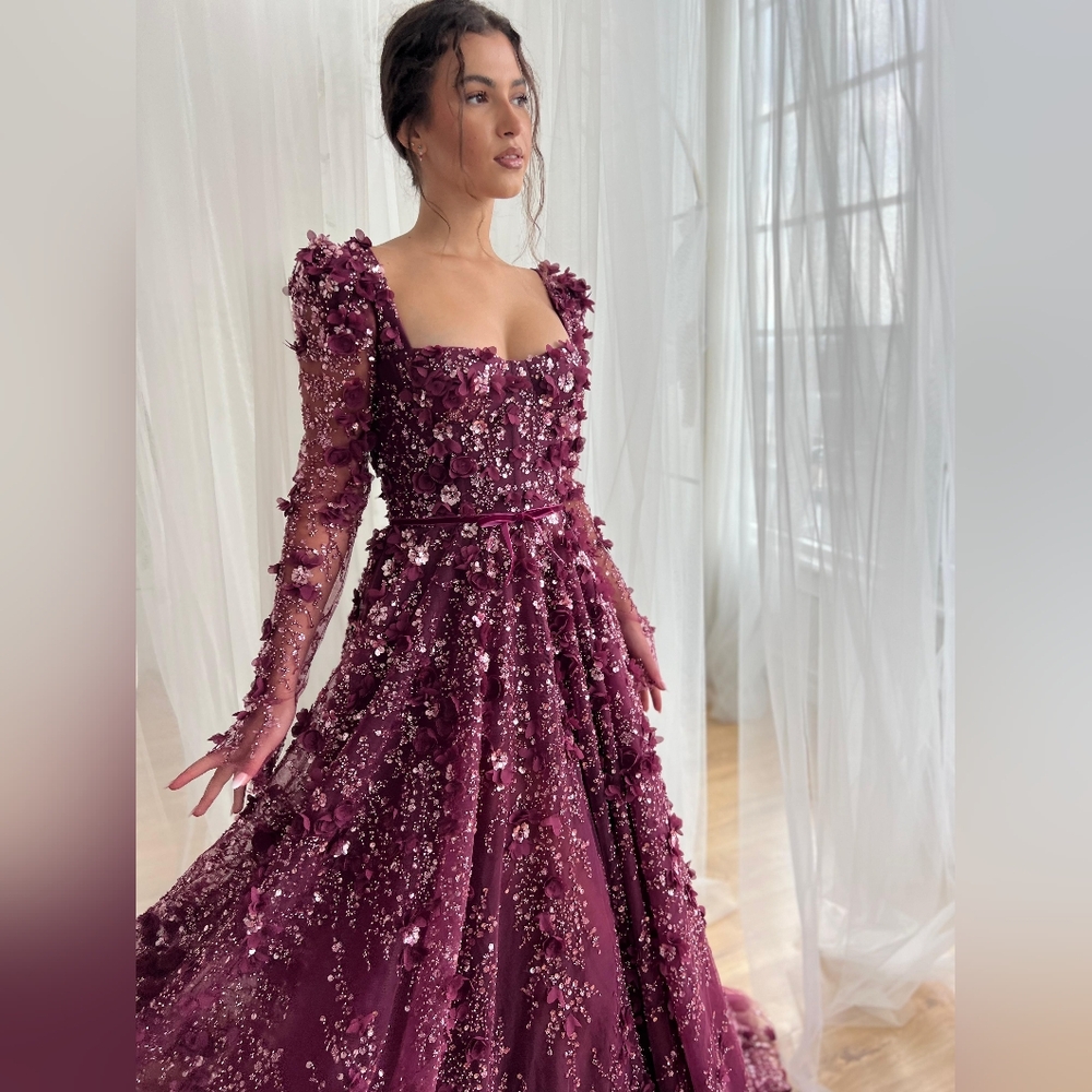 Elegant Burgundy/Plum Floral Evening Gown
